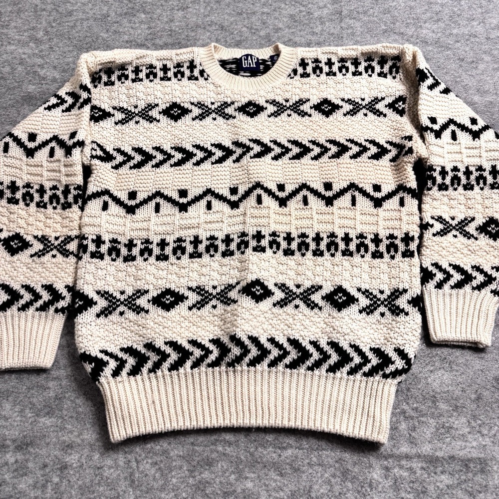 Vintage GAP Sweater Mens Large Cream Black Wool‎ Geometric Fair Isle Winter